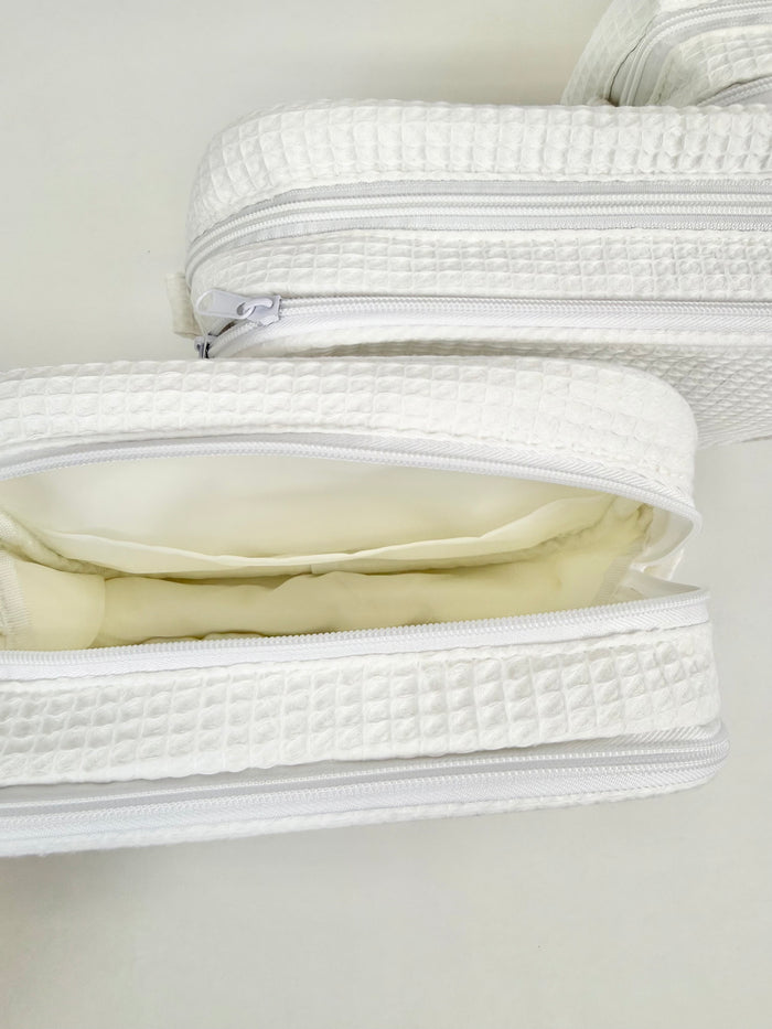 Fairfax Blue Initial Waffle Knit Cosmetic Bag Travel Accessories in at Wrapsody