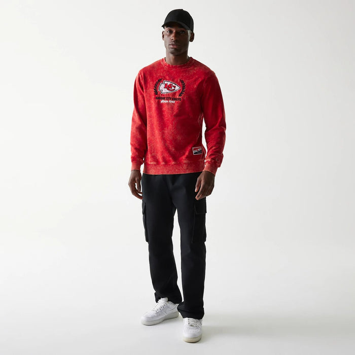 The Male model is wearing Kansas City Chiefs NFL Throwback Red Crew Neck Sweater 6