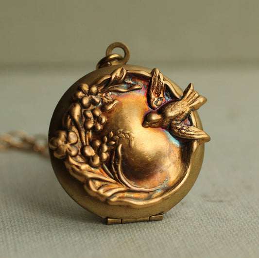 Antique Pastoral Bird With Patina Locket Necklace