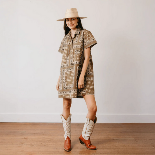 Bandana Getaway Olive Mini Dress Dresses in S at Wrapsody