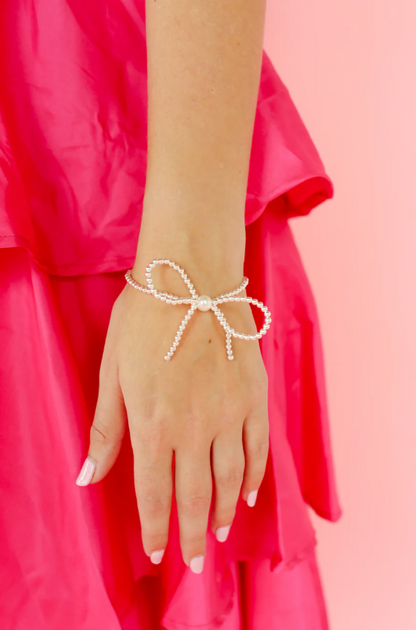 Beaded Blondes Silver Bow with Pearl Bracelet Bracelets in at Wrapsody
