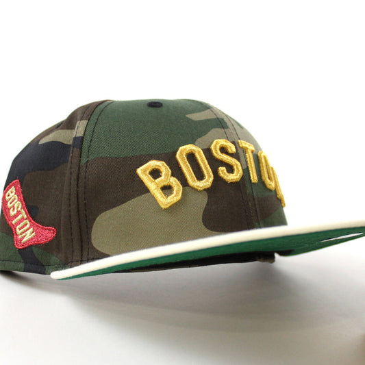 Boston Red Sox Red Sock Patch New Era 59Fifty Fitted Hat (Woodland Camo Chrome White Green Under Brim)