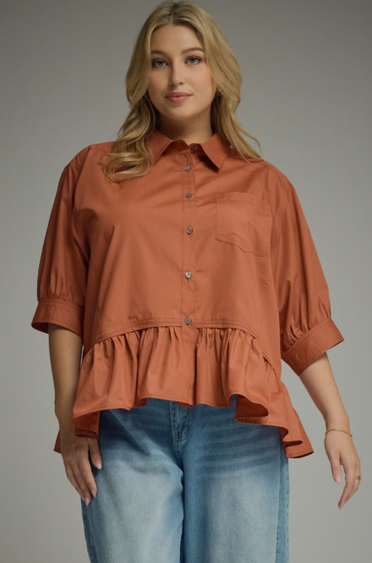 Button Up Ruffle Clay Blouse - Extended Size Tops in XL at Wrapsody