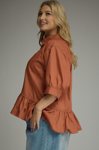 Button Up Ruffle Clay Blouse - Extended Size Tops in at Wrapsody