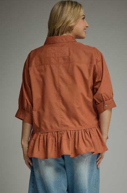 Button Up Ruffle Clay Blouse - Extended Size Tops in at Wrapsody