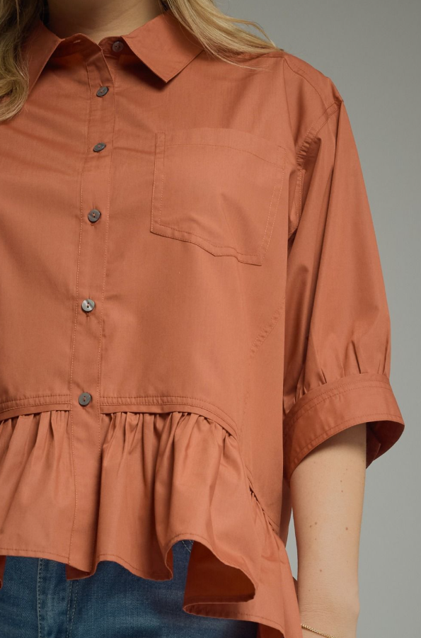 Button Up Ruffle Clay Blouse - Extended Size Tops in at Wrapsody