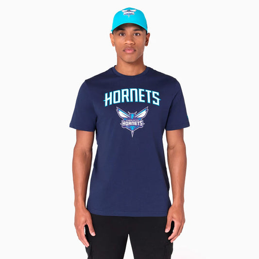 The Male model is wearing Charlotte Hornets NBA Navy T-Shirt 1