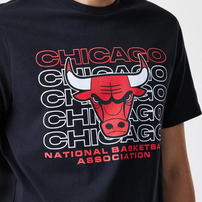 The Male model is wearing Chicago Bulls NBA Stack Wordmark Black T-Shirt 4