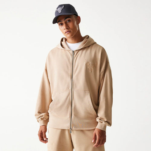 The Male model is wearing Chicago Bulls NBA Washed Beige Full Zip Hoodie 1