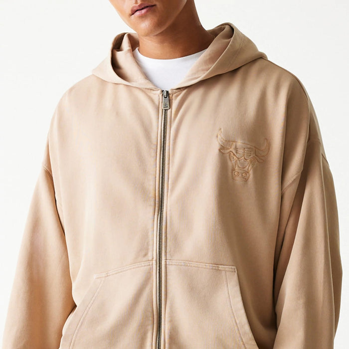 The Male model is wearing Chicago Bulls NBA Washed Beige Full Zip Hoodie 3