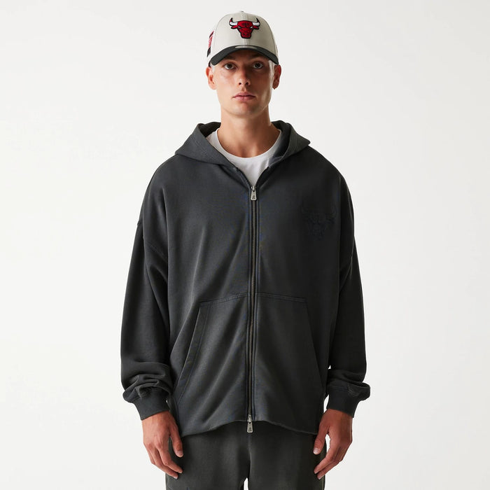 The Male model is wearing Chicago Bulls NBA Washed Grey Full Zip Hoodie 1
