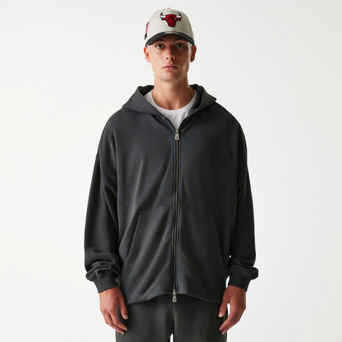 The Male model is wearing Chicago Bulls NBA Washed Grey Full Zip Hoodie 1