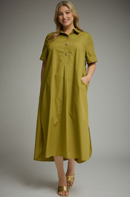 Cuff Sleeve Martini Olive Midi Dress - Extended Size Dresses in XL at Wrapsody