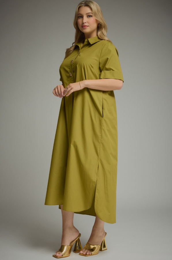 Cuff Sleeve Martini Olive Midi Dress - Extended Size Dresses in at Wrapsody