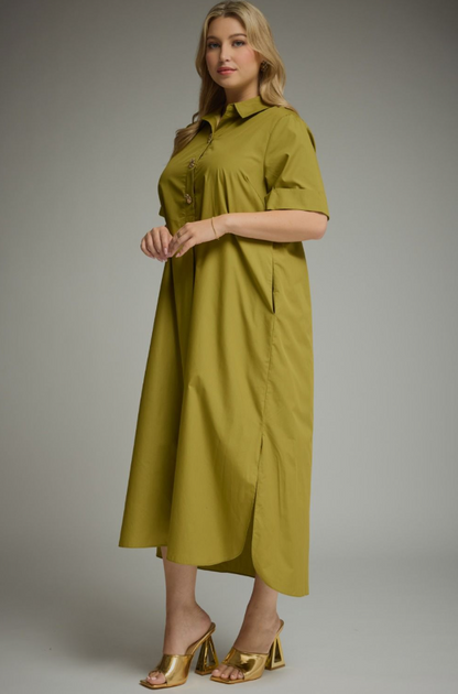 Cuff Sleeve Martini Olive Midi Dress - Extended Size Dresses in at Wrapsody