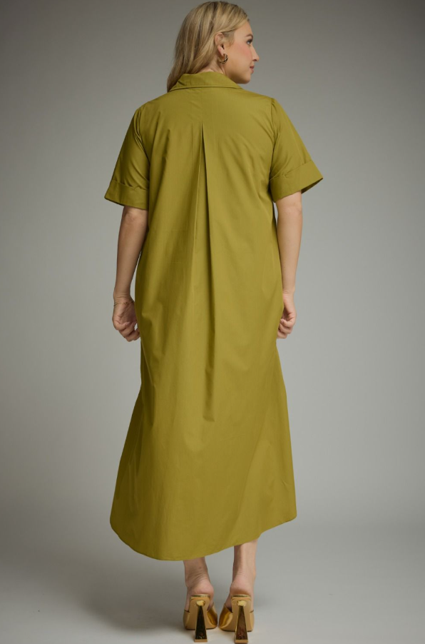 Cuff Sleeve Martini Olive Midi Dress - Extended Size Dresses in at Wrapsody