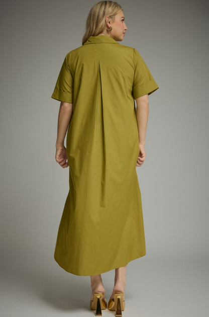 Cuff Sleeve Martini Olive Midi Dress - Extended Size Dresses in at Wrapsody