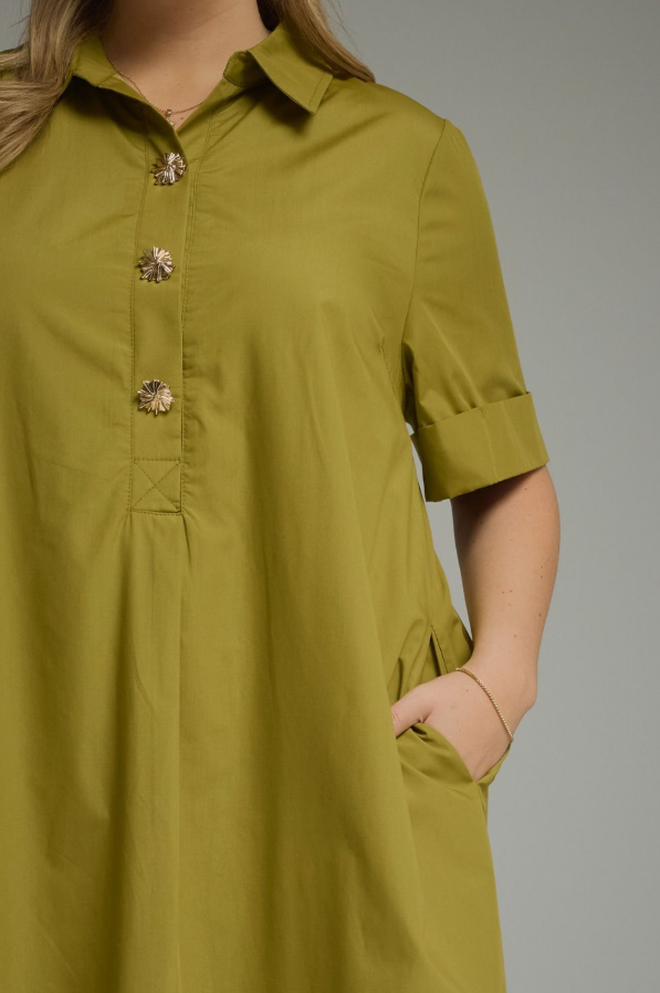 Cuff Sleeve Martini Olive Midi Dress - Extended Size Dresses in at Wrapsody