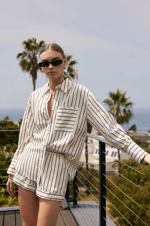 English Factory Striped Navy Button-Up Shirt Tops in XS at Wrapsody