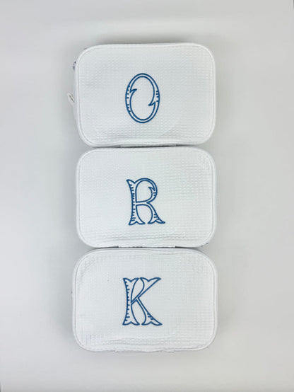 Fairfax Blue Initial Waffle Knit Cosmetic Bag Travel Accessories in at Wrapsody