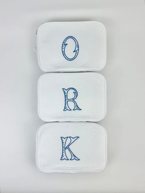Fairfax Blue Initial Waffle Knit Cosmetic Bag Travel Accessories in at Wrapsody