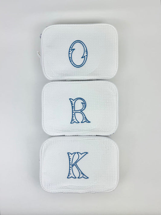 Fairfax Blue Initial Waffle Knit Cosmetic Bag Travel Accessories in at Wrapsody