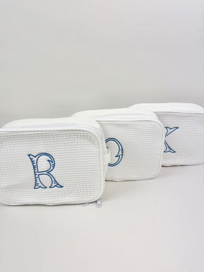 Fairfax Blue Initial Waffle Knit Cosmetic Bag Travel Accessories in at Wrapsody