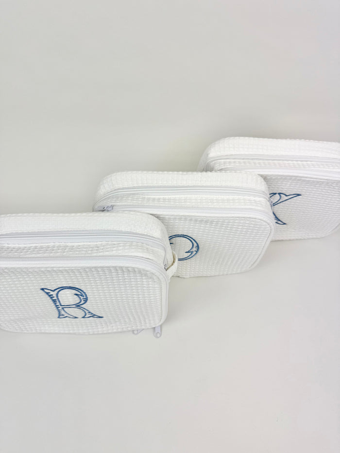 Fairfax Blue Initial Waffle Knit Cosmetic Bag Travel Accessories in at Wrapsody