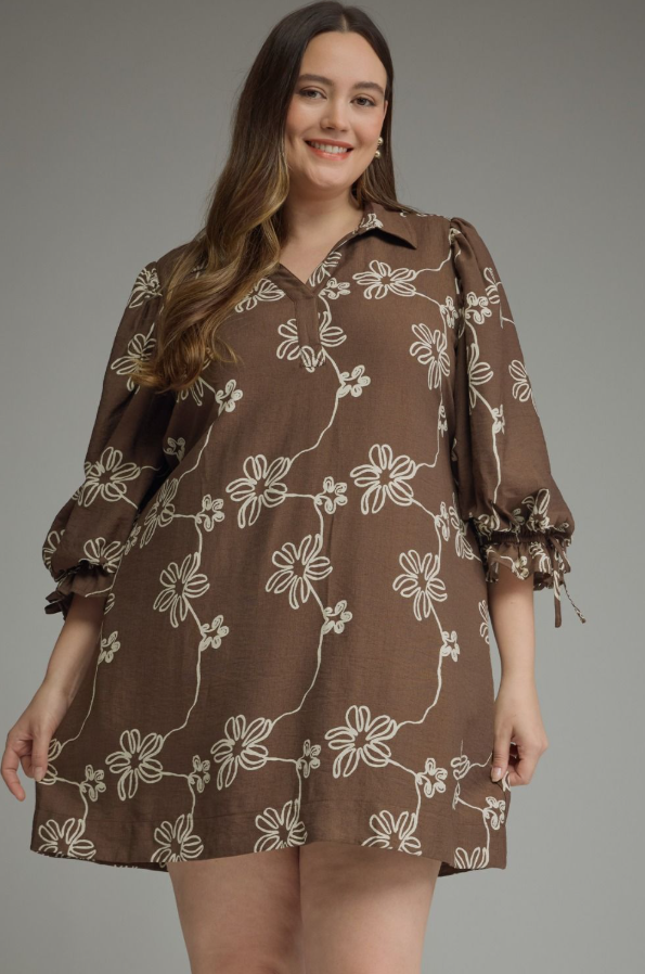 Floral Brown Cinched Mini Dress - Extended Size Dresses in at Wrapsody
