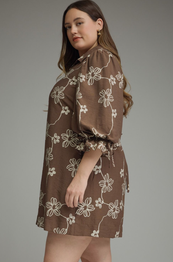 Floral Brown Cinched Mini Dress - Extended Size Dresses in at Wrapsody