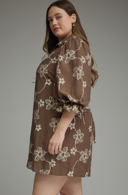 Floral Brown Cinched Mini Dress - Extended Size Dresses in at Wrapsody