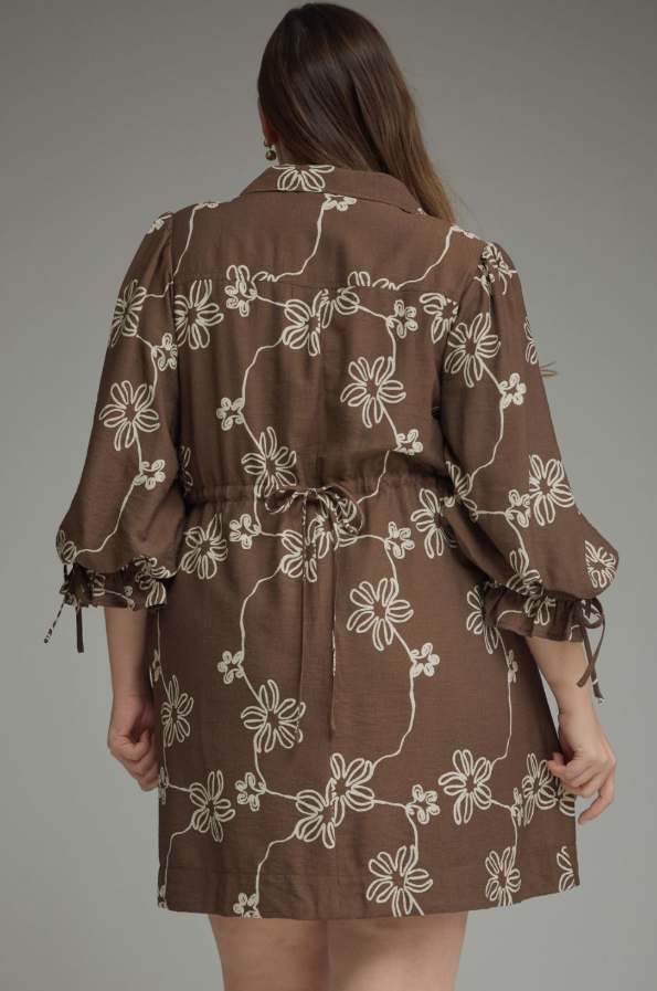 Floral Brown Cinched Mini Dress - Extended Size Dresses in at Wrapsody