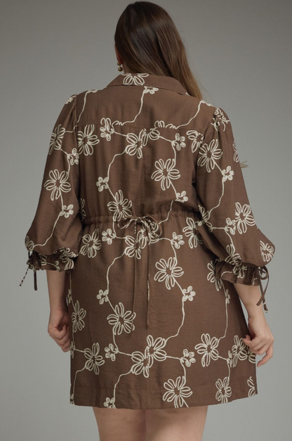 Floral Brown Cinched Mini Dress - Extended Size Dresses in at Wrapsody