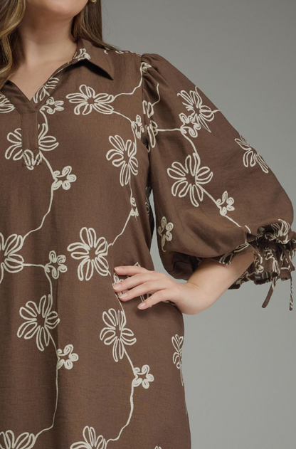 Floral Brown Cinched Mini Dress - Extended Size Dresses in at Wrapsody