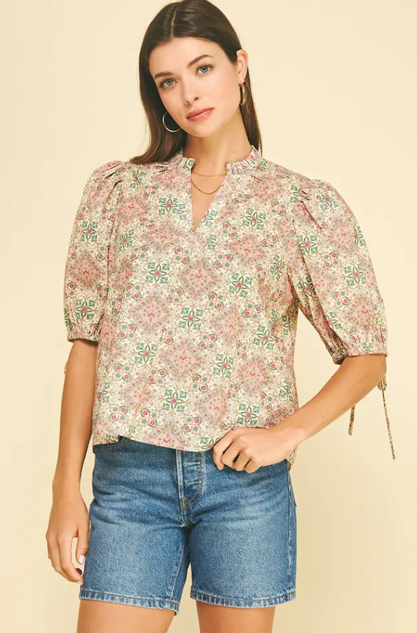 Floral Tiles Cream Blouse Tops in S at Wrapsody