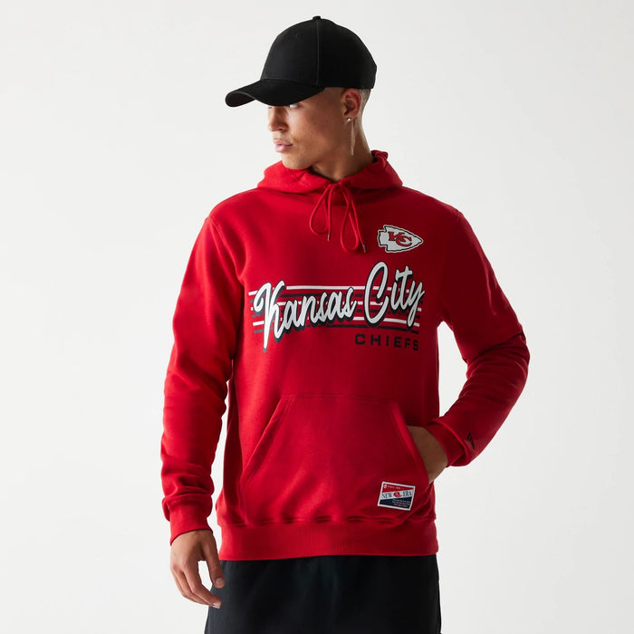 The Male model is wearing Kansas City Chiefs NFL Throwback Red Pullover Hoodie 1