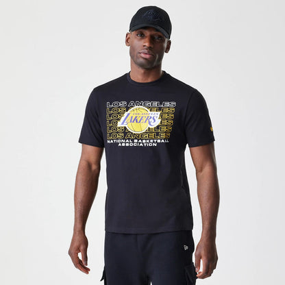 The Male model is wearing LA Lakers NBA Stack Wordmark Black T-Shirt 1