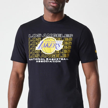 The Male model is wearing LA Lakers NBA Stack Wordmark Black T-Shirt 3