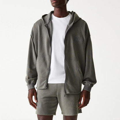 The Male model is wearing LA Lakers NBA Washed Grey Full Zip Hoodie 3
