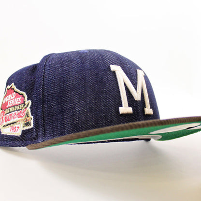 Milwaukee Braves 1957 WORLD SERIES New Era 59Fifty Fitted Hat (Dark Navy Corduroy Brown Green UNDER BRIM)