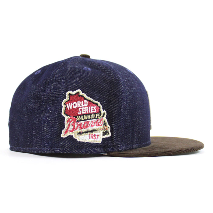 Milwaukee Braves 1957 WORLD SERIES New Era 59Fifty Fitted Hat (Dark Navy Corduroy Brown Green UNDER BRIM)