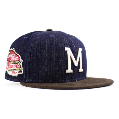 Milwaukee Braves 1957 WORLD SERIES New Era 59Fifty Fitted Hat (Dark Navy Corduroy Brown Green UNDER BRIM)
