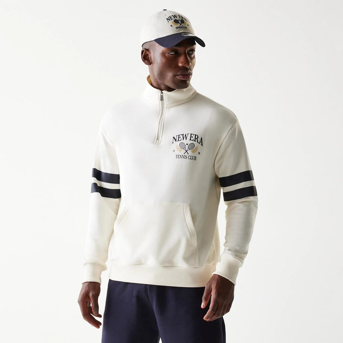 The Male model is wearing New Era Open White Oversized 1/4 Zip Sweater 1