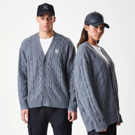 The Male model is wearing New York Yankees MLB Cable Knit Dark Grey Cardigan 1