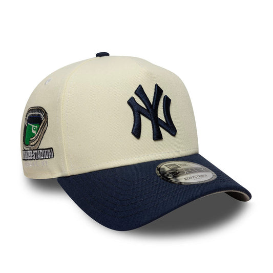 This is a New York Yankees MLB Chrome Blue Contrast Cream 9FORTY A-Frame Adjustable Cap 1