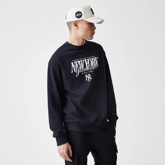 The Male model is wearing New York Yankees MLB Script Black Crew Neck Sweater 1