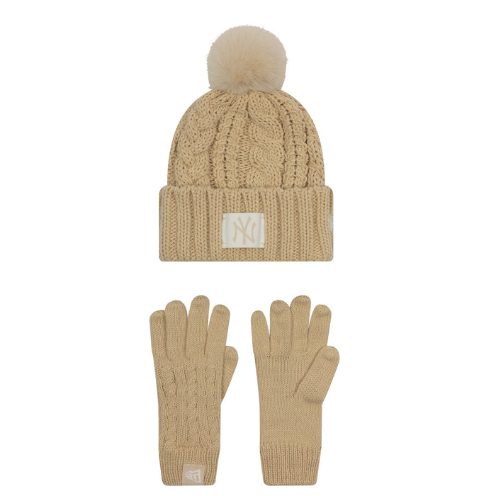 This is a New York Yankees Youth MLB Beige Beanie & Gloves Set 1