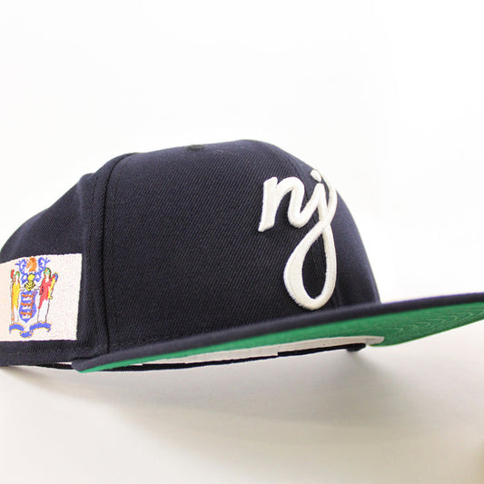 NJ Script New Era 59Fifty Fitted Hat (Navy Green Under Brim)