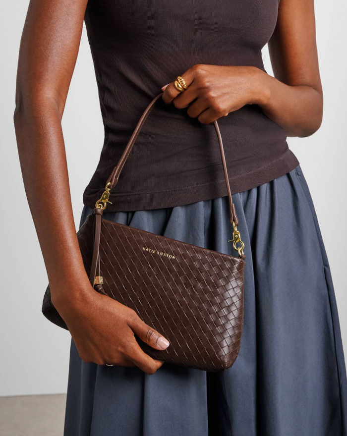 Nova Small Shoulder Bag in Woven Dark Chocolate Handbags in at Wrapsody