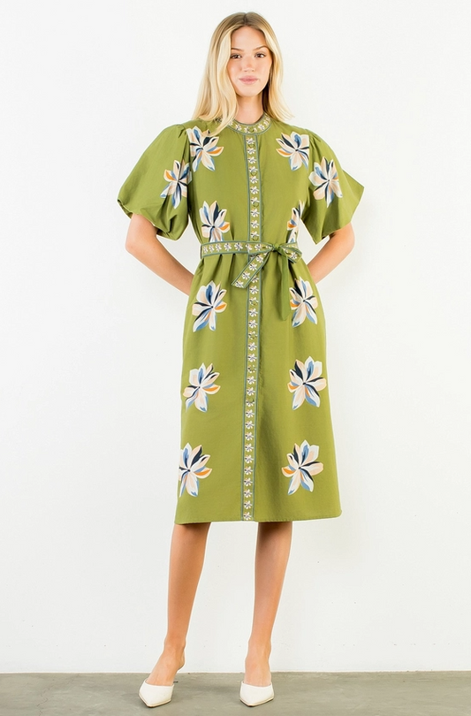 Printed Flowers Button-Up Green Midi Dress Dresses in XS at Wrapsody
